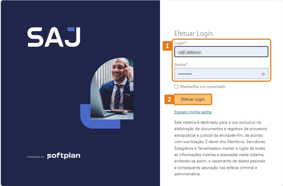Login do SAJ Defensorias com destaques nos campos de login, senha e no botão efetuar login
