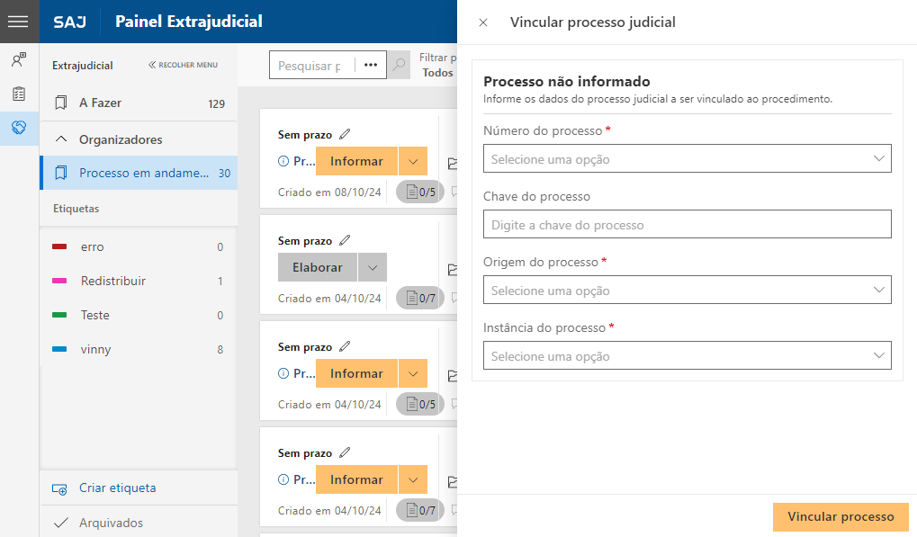 Painel extrajudicial com a aba vincular processo judicial