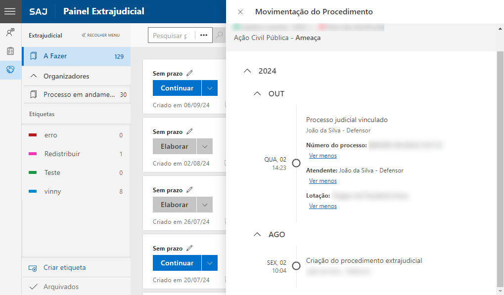 Painel extrajudicial com a aba movimentação do procedimento aberta