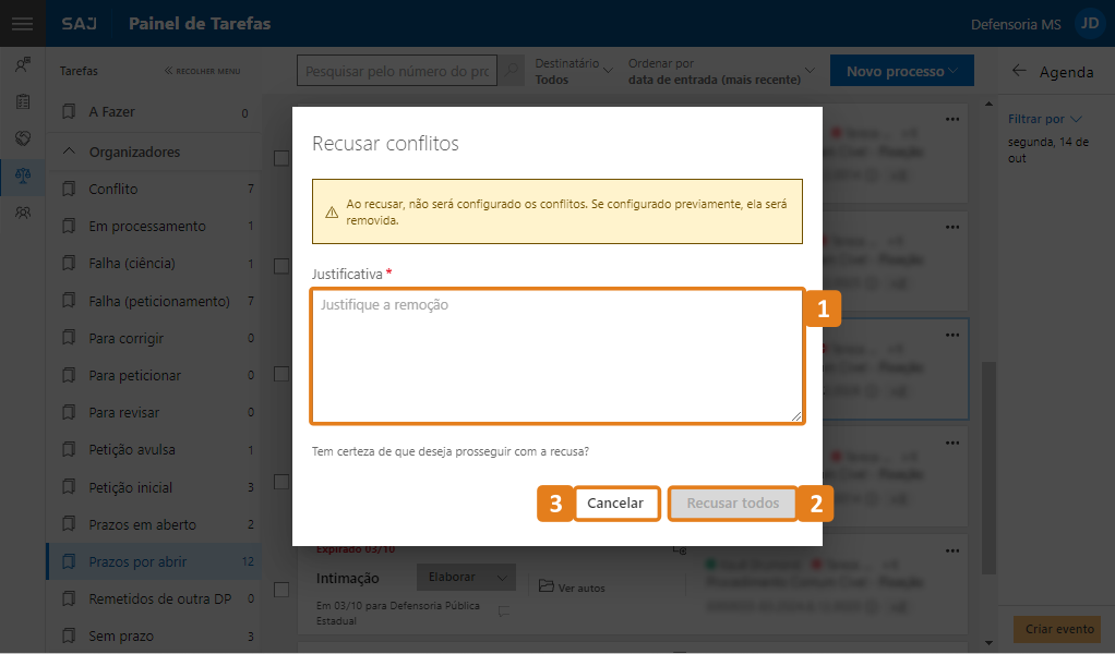 Aba configurar conflitos com destaque das partes do processo e no botão salvar 