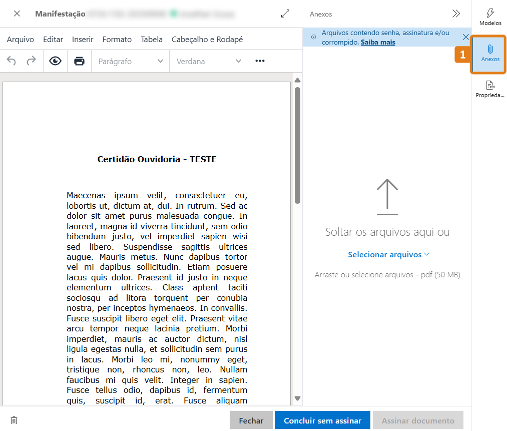 Editor de documentos com destaque na aba Anexos