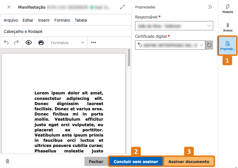 Editor de documentos com destaques na aba Propriedades e botões Concluir sem assinar e Assinar documento