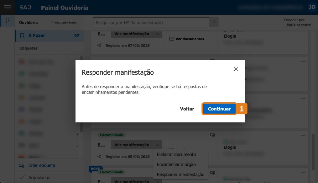 Tela Responder manifestação com destaque no botão Continuar