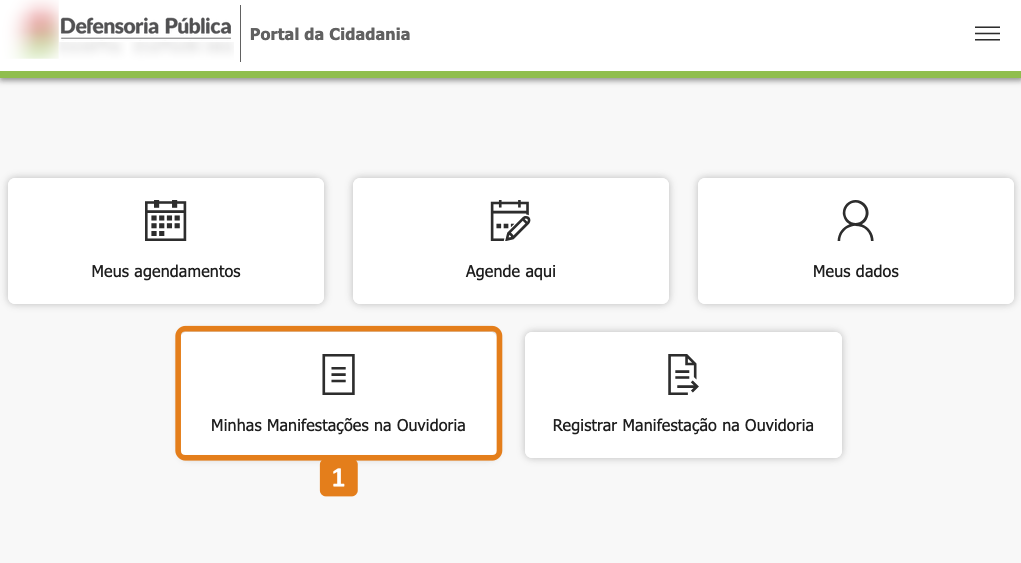 Tela inicial do Portal da Cidadania com destaque na opção Minhas Manifestações na Ouvidoria