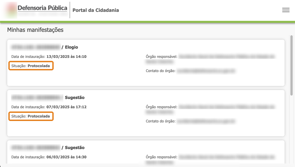 Tela Minhas manifestações com destaques no status das solicitações
