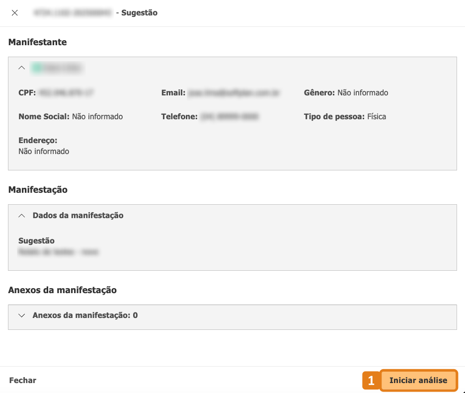 Dados da manifestação com destaque no botão Iniciar análise