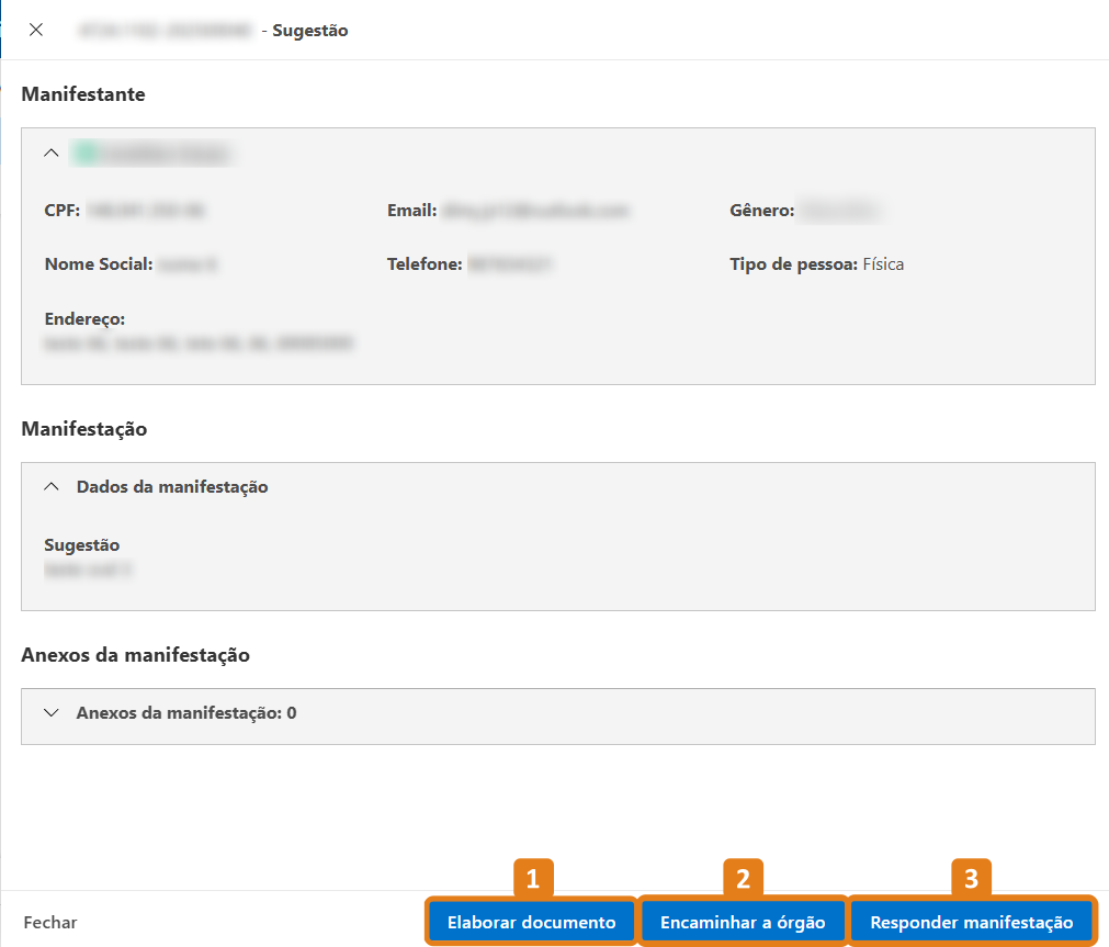 Detalhes da manifestação com destaques nos botões Elaborar documentos, Encaminhar a órgão e Responder manifestação