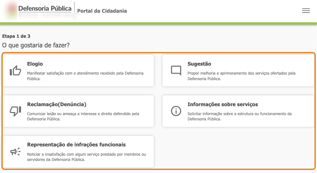 Tela Tipo de Manifestação com destaque nos tipos de manifestações