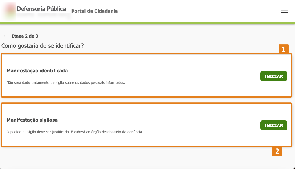 Tela de identificação com destaques na Manifestação Identificada e Manifestação Sigilosa