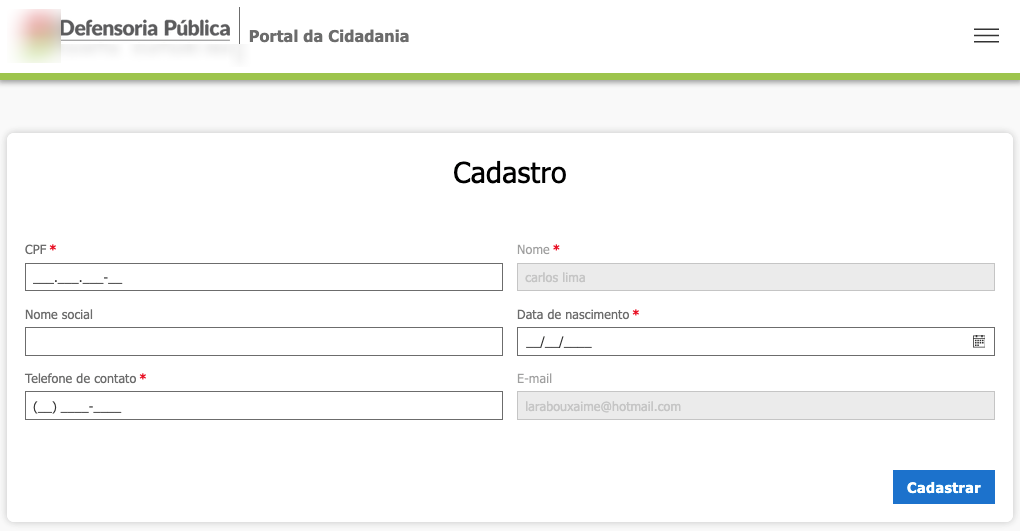 Formulário de cadastro do Portal da Cidadania