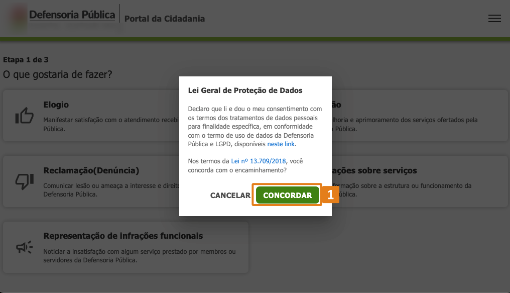 Tela da LGPD com destaque no botão Concordar