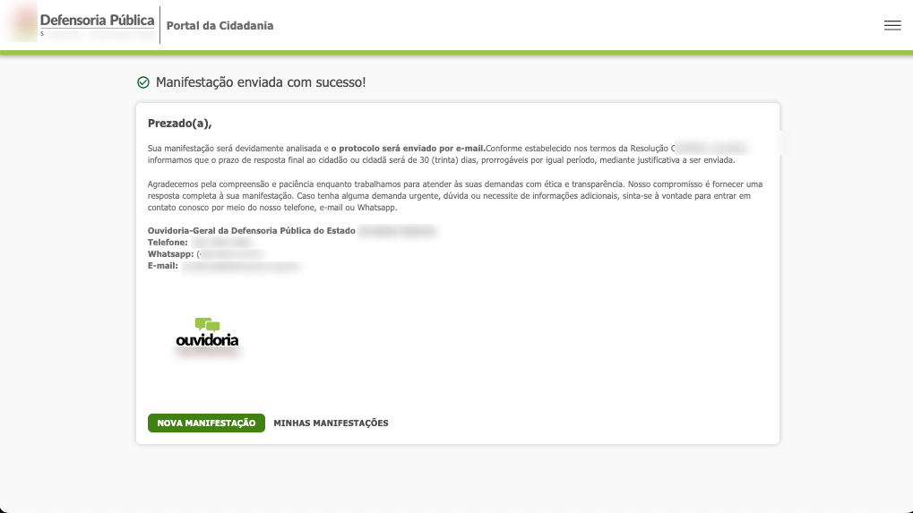 Tela de confirmação do envio da manifestação 
