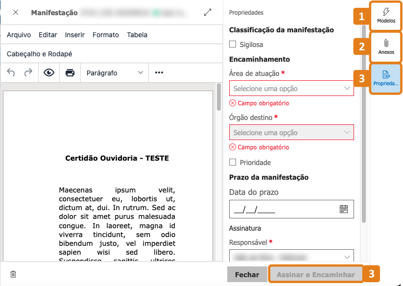 Editor de documentos com destaques nas abas Modelos, Anexos e Propriedades e botão Assinar e Encaminhar