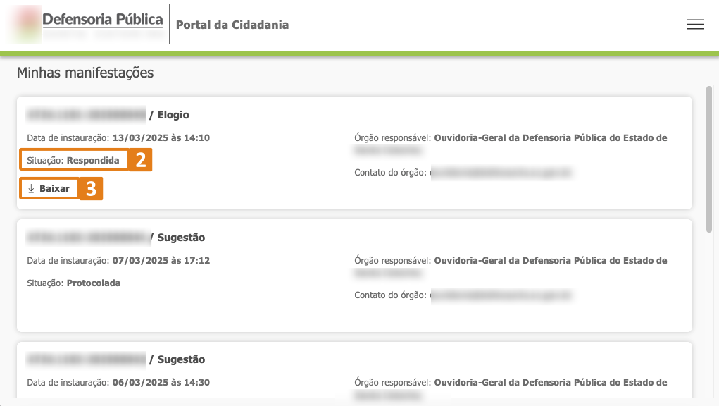 Tela Minhas manifestações com destaques na Situação da manifestação e botão Baixar 