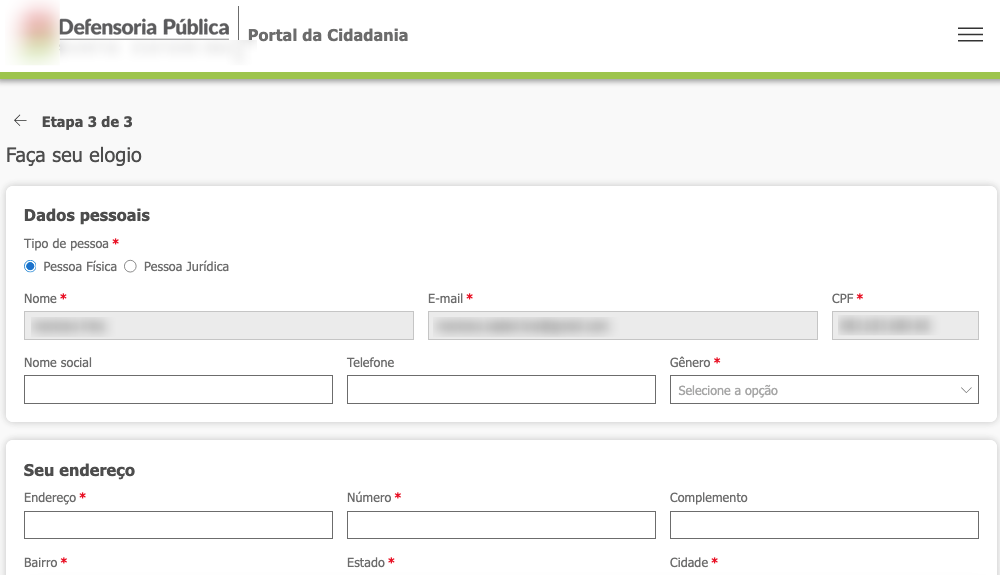 Tela de cadastro de Dados Pessoais 
