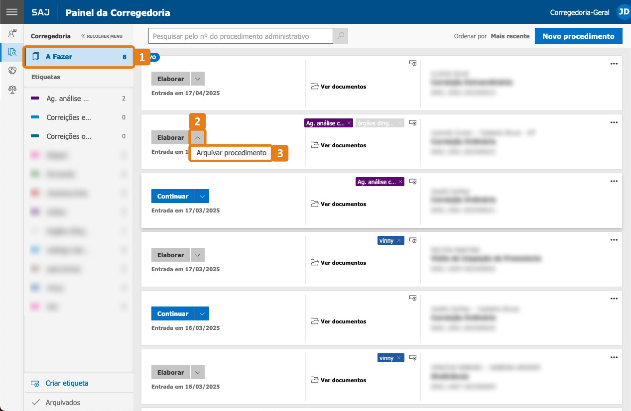 Painel da Corregedoria com destaques no bloco A Fazer e Arquiivar procedimento de uma tarefa
