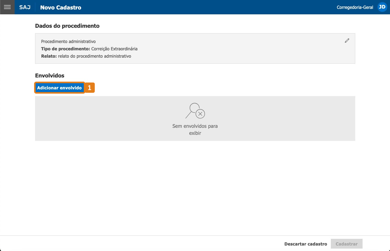 Tela de Novo Cadastro com destaque no botão Adicionar envolvido