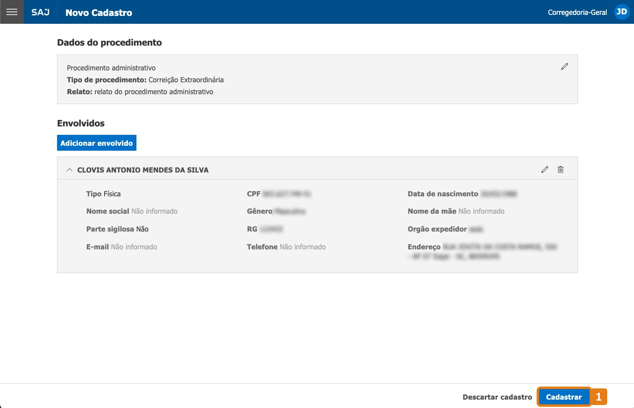 Tela de Novo Cadastro com destaque no botão Cadastrar