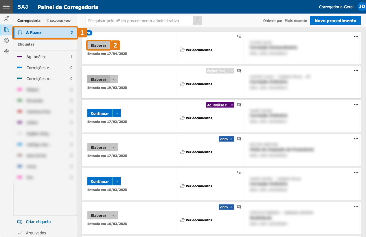 Painel da Corregedoria com destaques no bloco A Fazer e botão Elaborar de uma tarefa