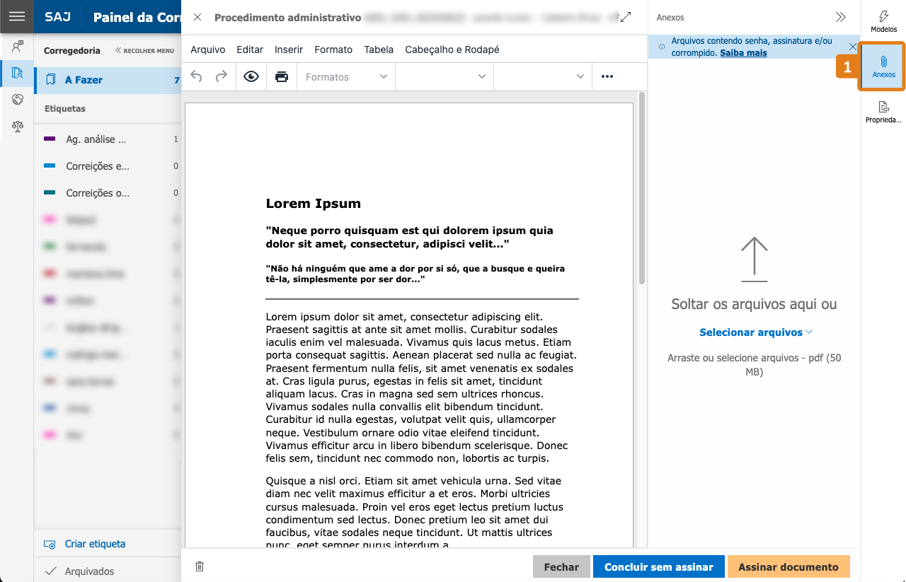 Editor de documentos com destaques na aba Anexos e botões Concluir sem assinar e Assinar documento