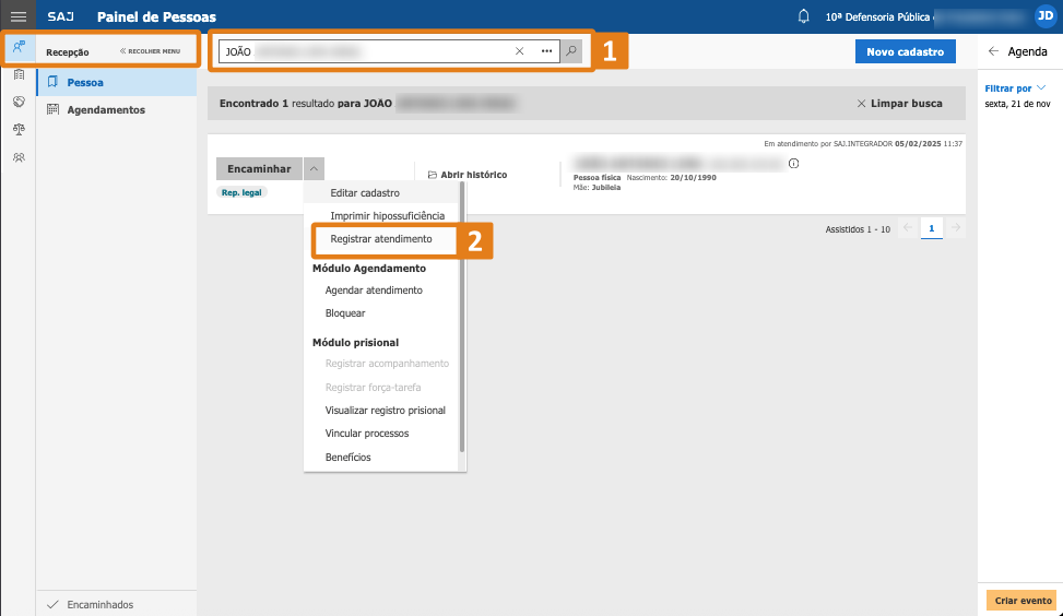 no painel recepcao localizar a pessoa no campo de busca e clicar na opcao registrar atendimento.png